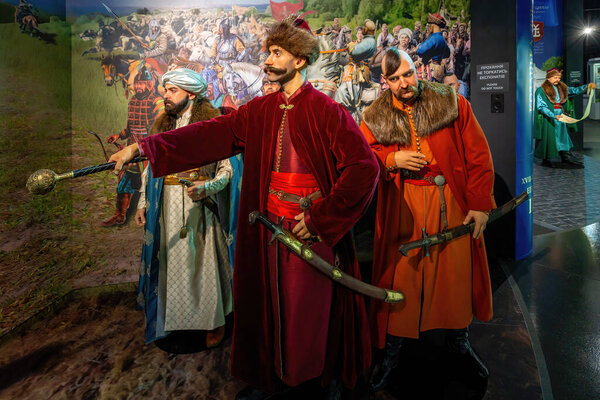 Киев, Украина - 10 августа 2019 года: Битва при Конотопе против Московской армии (1659) и гетман Иван Выховский при создании Музея украинской нации - Киев, Украина