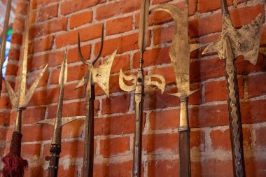 Trakai, Litvanya - 24 Temmuz 2019 Trakai Adası Kalesi Halberds - Trakai, Litvanya