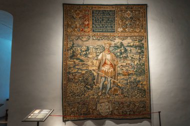 Elsinore, Danimarka - 27 Haziran 2019 Kronborg Şatosu 'nun Küçük Salonu' nda Habil 'i betimleyen duvar halısı
