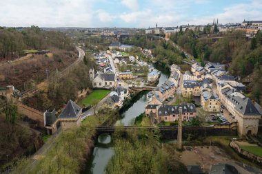 Aerial view of Luxembourg with Alzette River and Vauban Towers - Luxembourg City, Luxembourg clipart