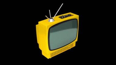 Siyah arkaplanda izole edilmiş yeşil ekranlı klasik sarı TV alıcısı - 3840x2160 px).