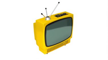 Beyaz zemin üzerinde yeşil ekran izole edilmiş klasik sarı TV alıcısı - 3840x2160 px).