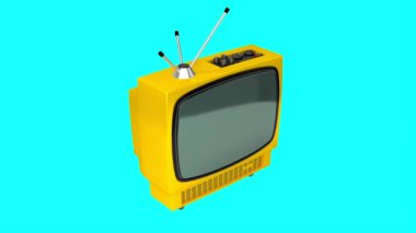 Mavi zemin üzerinde yeşil ekran izole edilmiş klasik sarı TV alıcısı - 3840x2160 px).