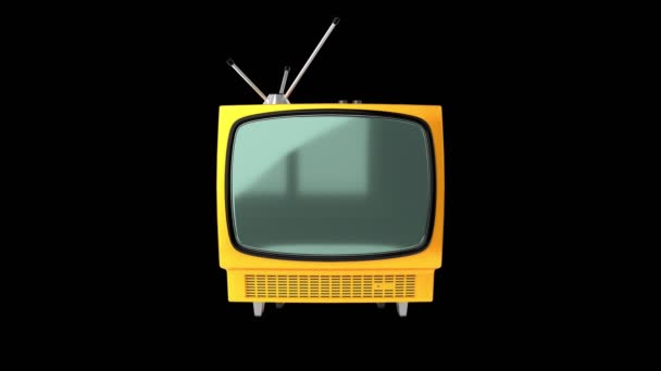 Винтажный Желтый Телевизионный Приемник Зеленым Экраном Изолированным Черном Фоне Анимация — стоковое видео
