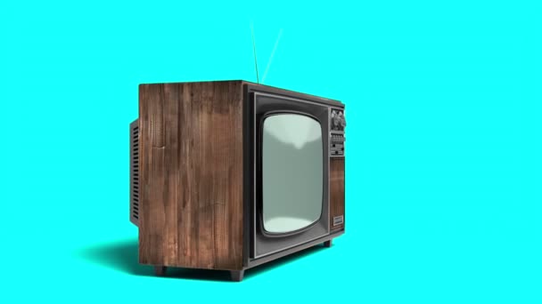 Vintage Drewniany Odbiornik Telewizyjny Zielonym Ekranem Niebieskim Tle Animacja 3840X2160 — Wideo stockowe