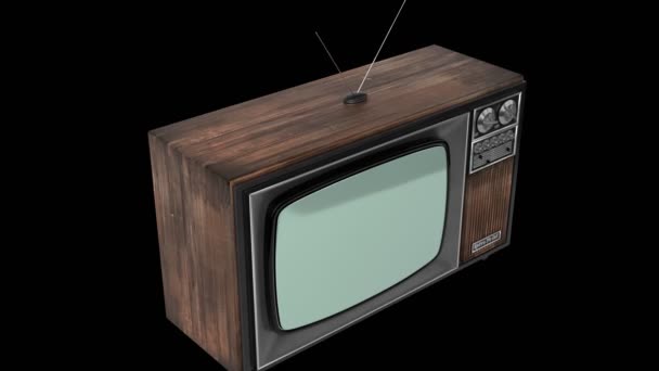 黒の背景に隔離された緑の画面を持つヴィンテージ木製のテレビ受信機 4Kのアニメーション 3840X2160 — ストック動画