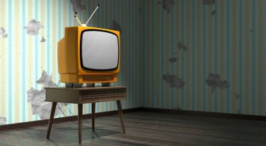 Retro televizyon seti, duvarda dikey çizgiler olan duvar kağıdı - 3 boyutlu illüstrasyon