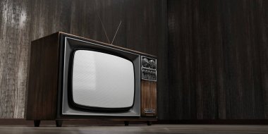 Vintage, retro televizyon seti, ahşap duvar ve zemin - 3D illüstrasyon