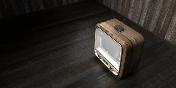 Vintage, retro television set, wooden wall and floor - 3D illustration