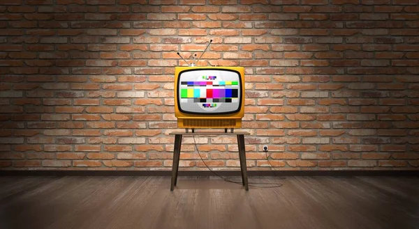 ヴィンテージ レトロなテレビセット レンガの壁 3Dイラスト — ストック写真