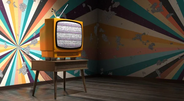 Vintage Aparelho Televisão Retro Papel Parede Com Listras Coloridas Parede — Fotografia de Stock