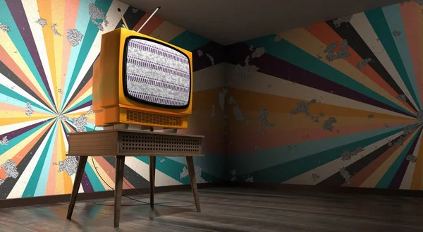 Vintage Retro Telewizor Tapeta Kolorowymi Paskami Pękniętej Ścianie Ilustracja — Zdjęcie stockowe