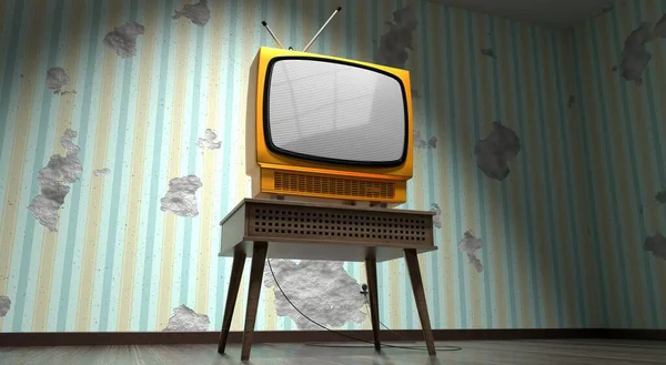 Conjunto Televisão Retro Papel Parede Com Listras Verticais Parede Rachada — Fotografia de Stock