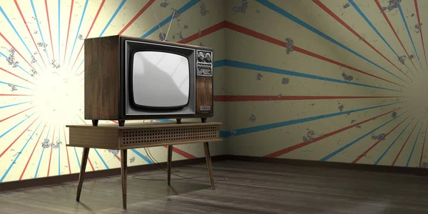 Vintage Televisor Retro Fondo Pantalla Con Rayas Rotas Pared Agrietada — Foto de Stock