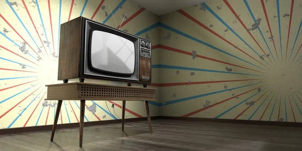 复古电视机 墙纸在破碎的墙壁上爆裂条纹 3D插图 — 图库照片