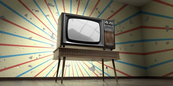 Vintage Aparelho Televisão Retro Papel Parede Com Listras Estouradas Parede — Fotografia de Stock