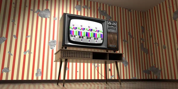 复古电视机 墙上有垂直条纹的壁纸 3D插图 — 图库照片