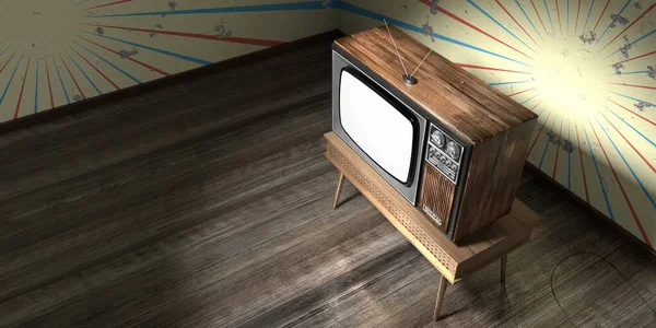 ヴィンテージ レトロなテレビセット 割れ壁にバーストストライプの壁紙 3Dイラスト — ストック写真