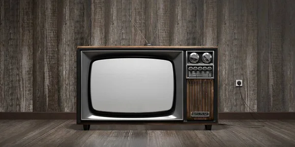 Vintage Retro Telewizor Drewniana Ściana Podłoga Ilustracja — Zdjęcie stockowe