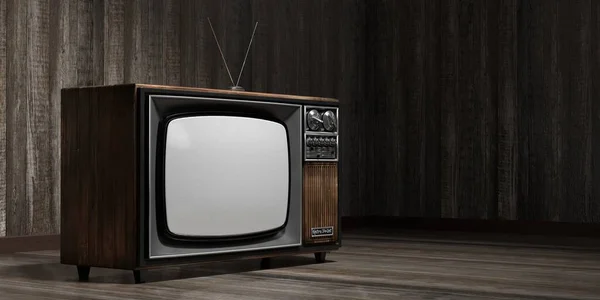 Vintage, retro television set, wooden wall and floor - 3D illustration