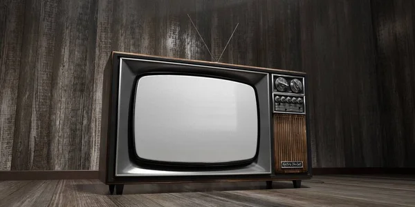 老式电视机 复古电视机 木墙和地板 3D插图 — 图库照片