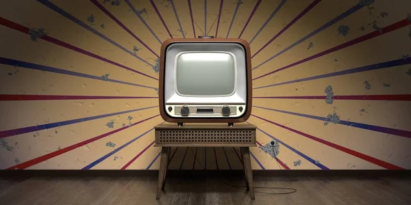 Vintage Retro Telewizor Tapeta Paskami Pękniętej Ścianie Ilustracja — Zdjęcie stockowe