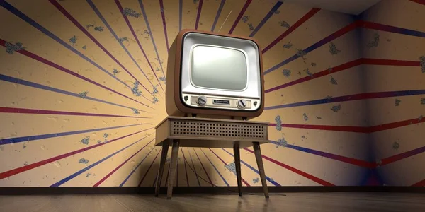 Vintage Retro Television Set Wallpaper Burst Stripes Cracked Wall Illustration — Stock Photo, Image