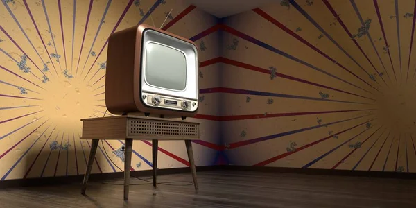 Vintage Retro Telewizor Tapeta Paskami Pękniętej Ścianie Ilustracja — Zdjęcie stockowe