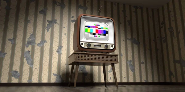 Vintage Televisore Retrò Carta Parati Con Strisce Verticali Parete Incrinata — Foto Stock
