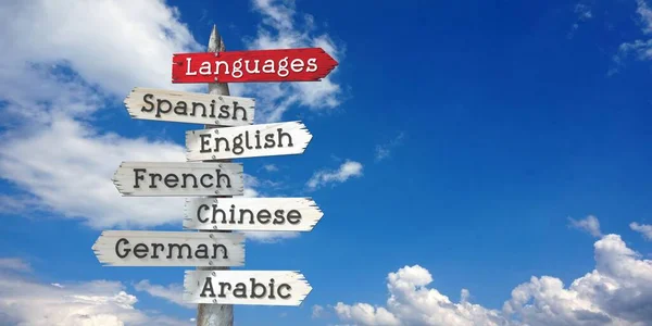 Languages Concept Spanish English French Chinese German Arabic Wooden Signpost — Stock Photo, Image
