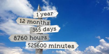 1 yıl, 12 ay, 365 gün, 8760 saat, 525600 dakika - 5 oklu tahta tabela direği