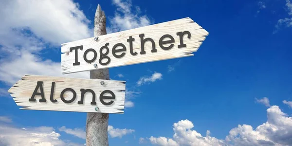 Together Alone Wooden Signpost Two Arrows — Stock Photo, Image