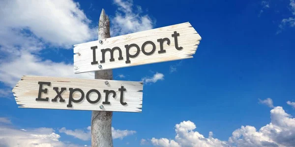 Importación Exportación Señalización Madera Con Dos Flechas — Foto de Stock