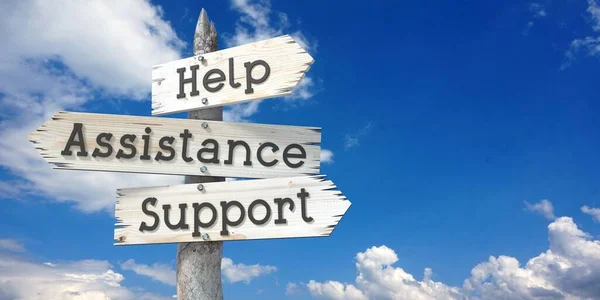 Help Assistance Support Wooden Signpost Three Arrows — Stock Photo, Image