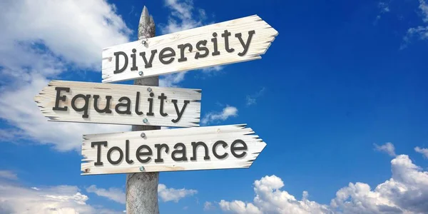 Diversidad Igualdad Tolerancia Letrero Madera Con Tres Flechas —  Fotos de Stock