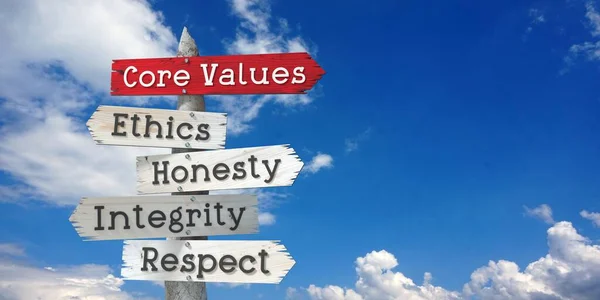 Kernwaarden Concept Ethiek Eerlijkheid Integriteit Respect Houten Wegwijzer Met Vijf — Stockfoto
