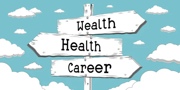 Wealth, health, career - outline signpost with three arrows