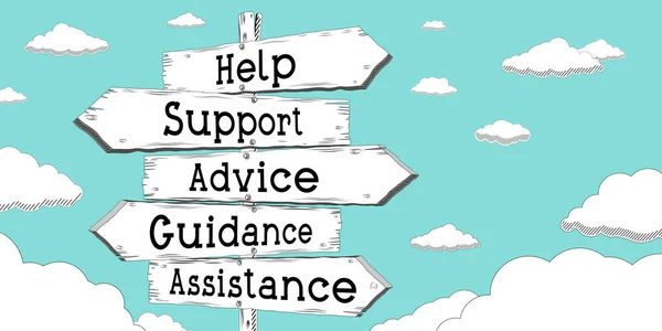Help, support, advice, guidance, assistance - outline signpost with five arrows