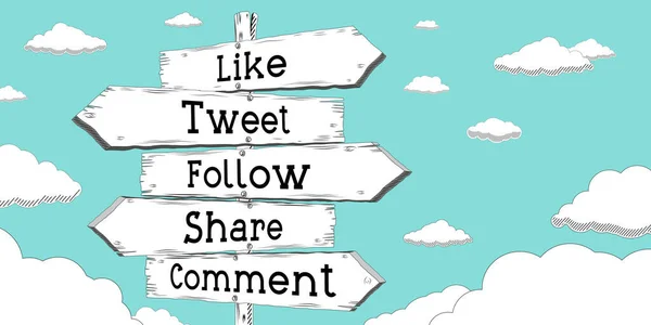 Like, tweet, follow, share, comment - outline signpost with five arrows