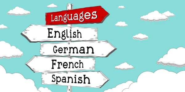 Languages concept - English, German, French, Spanish - outline signpost with five arrows