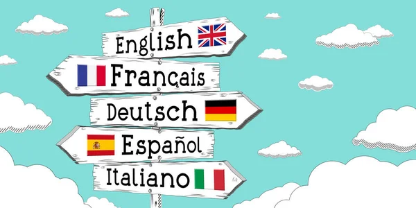 English, French, German, Spanish, Italian - outline signpost with five arrows