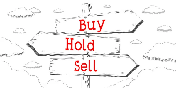 Buy, hold, sell - outline signpost with three arrows