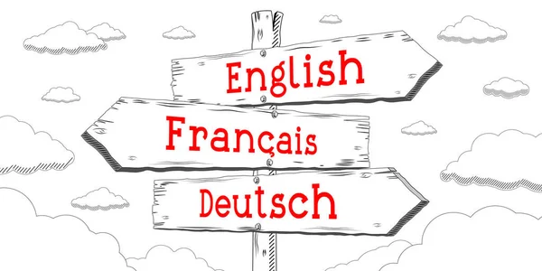English, French, German - outline signpost with three arrows
