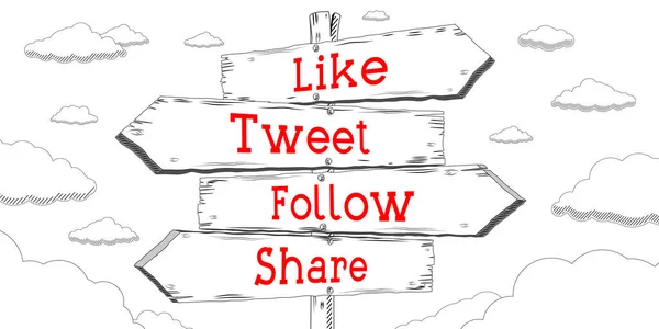 Like, tweet, follow, share - outline signpost with four arrows