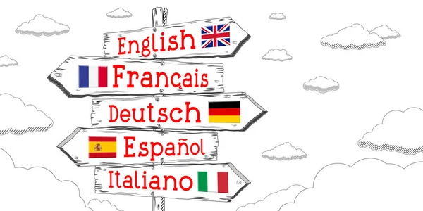 English, French, German, Spanish, Italian - outline signpost with five arrows