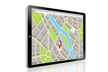 Tablette konum kodlu şehir haritası - 3B illüstrasyon