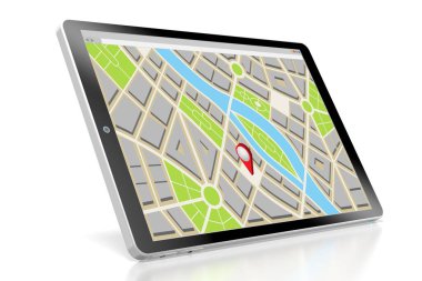 Tablette konum kodlu şehir haritası - 3B illüstrasyon