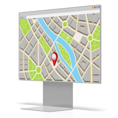 Bilgisayar ekranında konum kodlu şehir haritası - 3B illüstrasyon