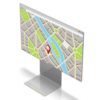 Bilgisayar ekranında konum kodlu şehir haritası - 3B illüstrasyon