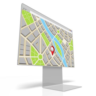 Bilgisayar ekranında konum kodlu şehir haritası - 3B illüstrasyon